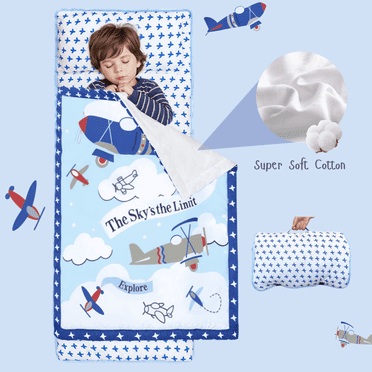 Toddler Nap Mat with Pillow and Blanket| 50'x20'|Sleep Mat for Perschool&Daycare|Blue Airplane
