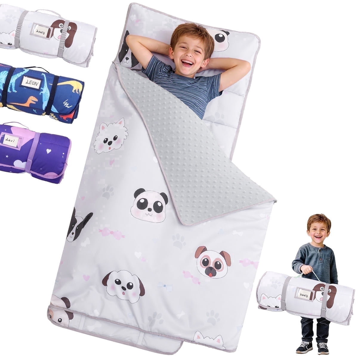 Toddler Nap Mat,  Caveen Sleeping Bag with Blanket and Removable Pillow, Portable Slumber Bags for Daycare and Travel, Easy to Roll, 55"x22", Grey
