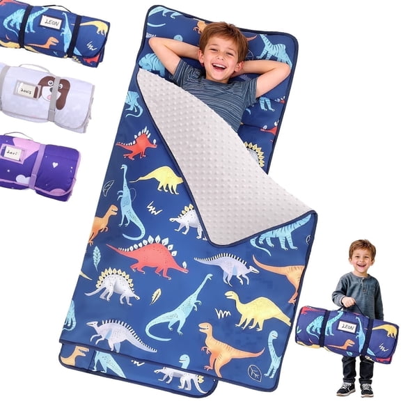 Toddler Nap Mat, Caveen Sleeping Bag with Blanket and Removable Pillow, Portable Slumber Bags for Daycare and Travel, Easy to Roll, 55"x22", Blue