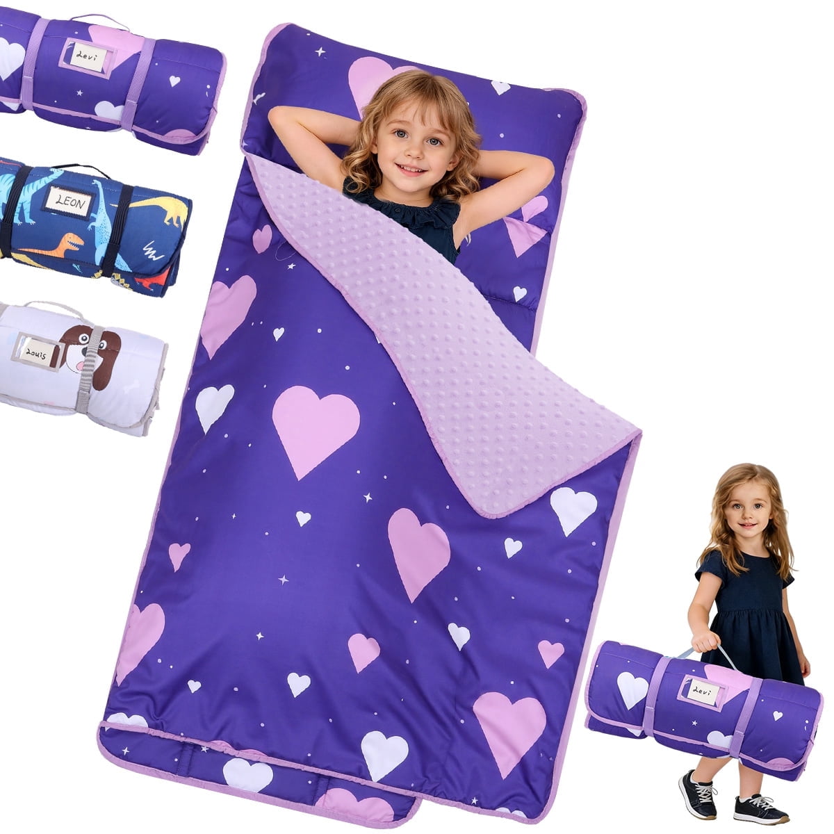 Toddler Nap Mat, Caveen Sleeping Bag with Blanket and Removable Pillow, Portable Slumber Bags for Daycare and Travel, Easy to Roll, 55"x22", Purple