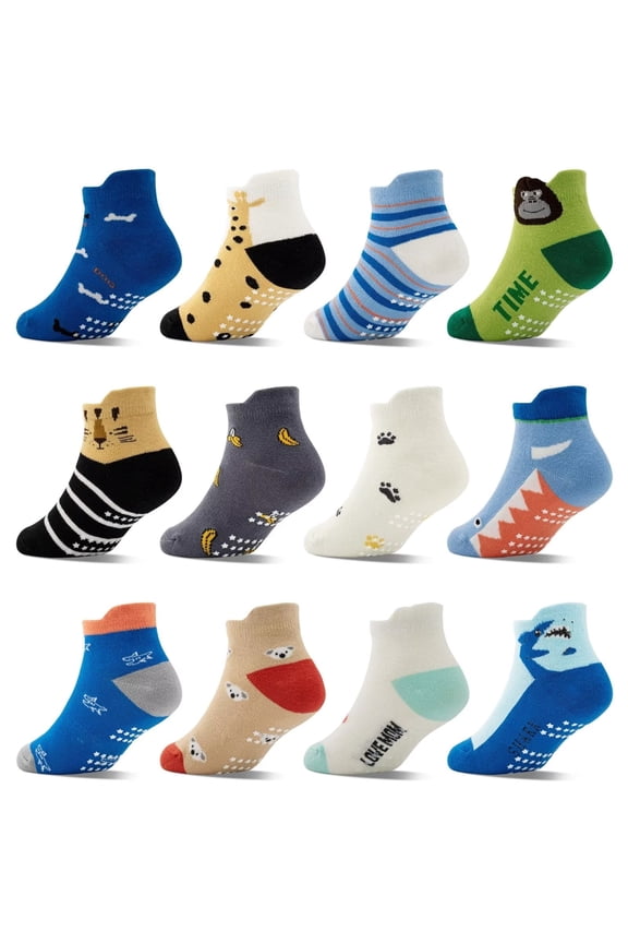 Toddler Non Slip Socks 12 Pairs Ankle Socks with Grippers Kids Boys Socks for 1-7 Years(03 Animals,3-5T)
