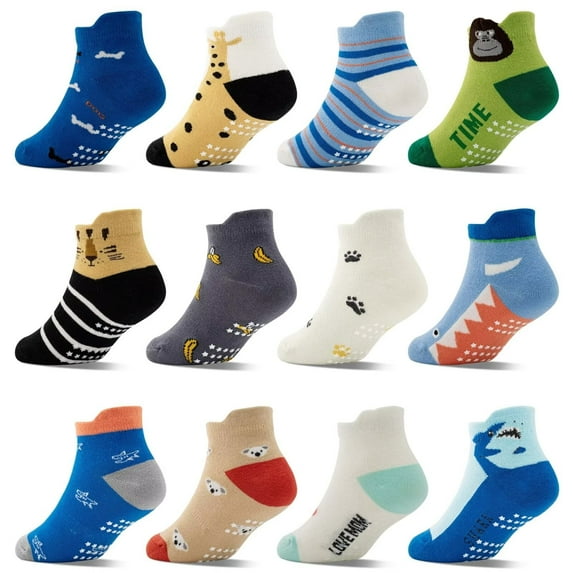 Toddler Non Slip Socks 12 Pairs Ankle Socks with Grippers Kids Boys Socks for 1-7 Years(03 Animals,5-7 Years)
