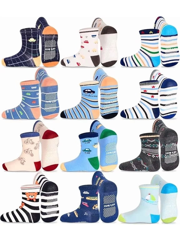 Toddler Non Slip Socks- 12 Pairs Anti Skid Kids Socks Cute Crew Grips Sock for 1-7 Years Boys Girls Children