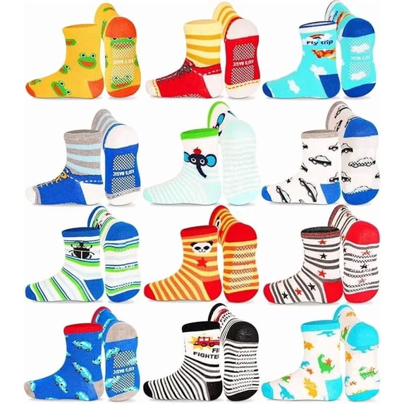 Toddler Non Slip Socks- 12 Pairs Anti Skid Kids Socks Cute Crew Grips Sock for 1-7 Years Boys Girls Children