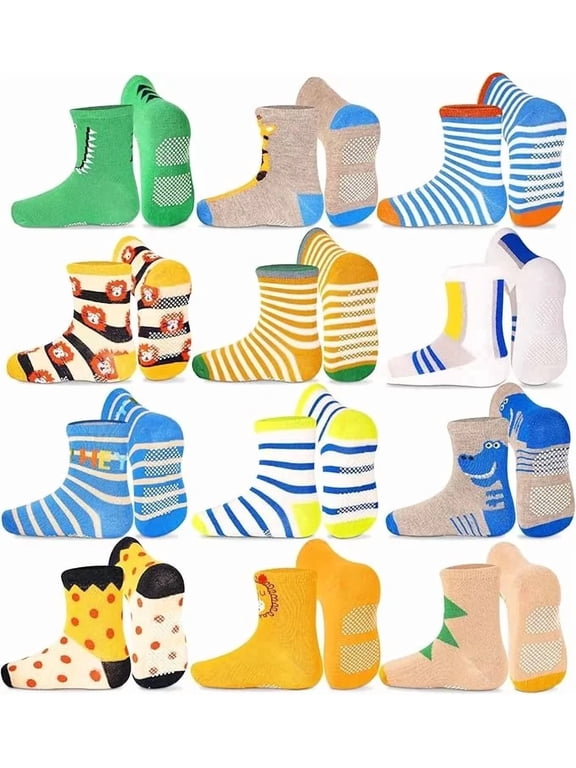 Toddler Non Slip Socks- 12 Pairs Anti Skid Kids Cute Crew Grips Sock for 1-7 Years Boys Girls Children