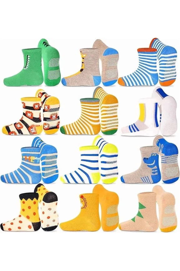 Toddler Non Slip Socks- 12 Pairs Anti Skid Kids Cute Crew Grips Sock for 1-7 Years Boys Girls Children