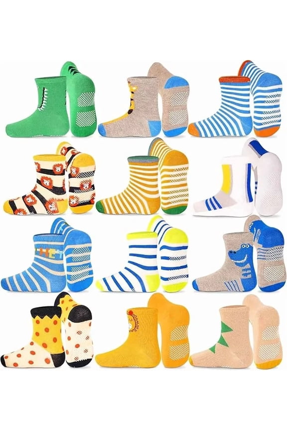 Toddler Non Slip Socks- 12 Pairs Anti Skid Kids Socks Cute Crew Grips Sock for 1-7 Years Boys Girls Children