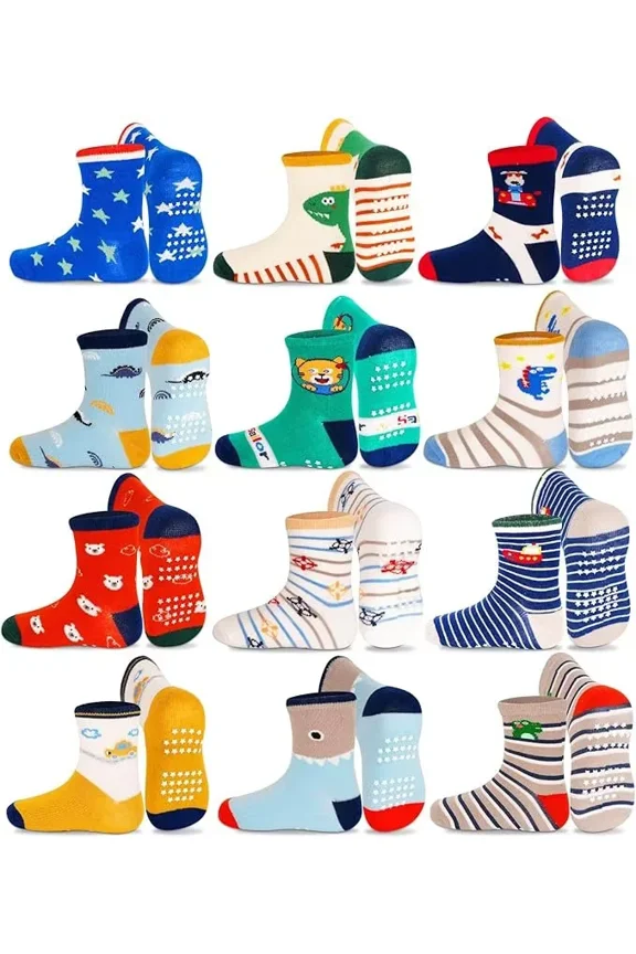 Toddler Non Slip Socks- 12 Pairs Anti Skid Kids Socks Cute Crew Grips Sock for 1-7 Years Boys Girls Children