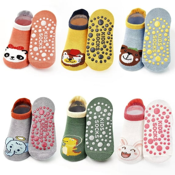 Toddler Non Slip Socks Baby Grip Socks 6 Pairs Toddler Ankle Socks with Grip Cute Animal Cartoon Anti Skid Socks for 0-5 Years Baby Boys Girls