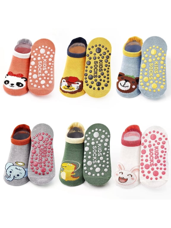 Toddler Non Slip Socks Baby Grip Socks 6 Pairs Toddler Ankle Socks with Grip Cute Animal Cartoon Anti Skid Socks for 0-5 Years Baby Boys Girls