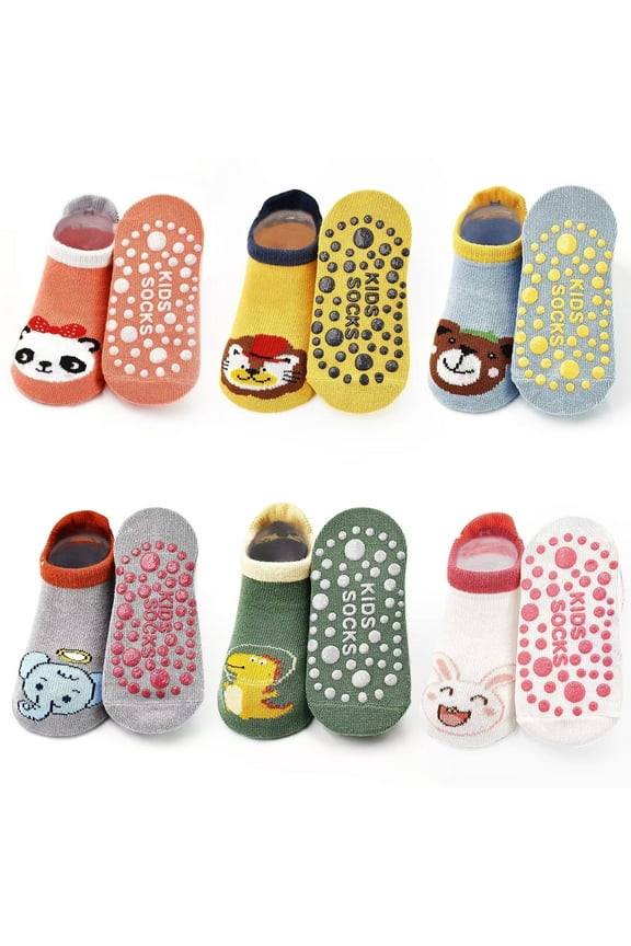 Toddler Non Slip Socks Baby Grip Socks 6 Pairs Toddler Ankle Socks with Grip Cute Animal Cartoon Anti Skid Socks for 0-5 Years Baby Boys Girls