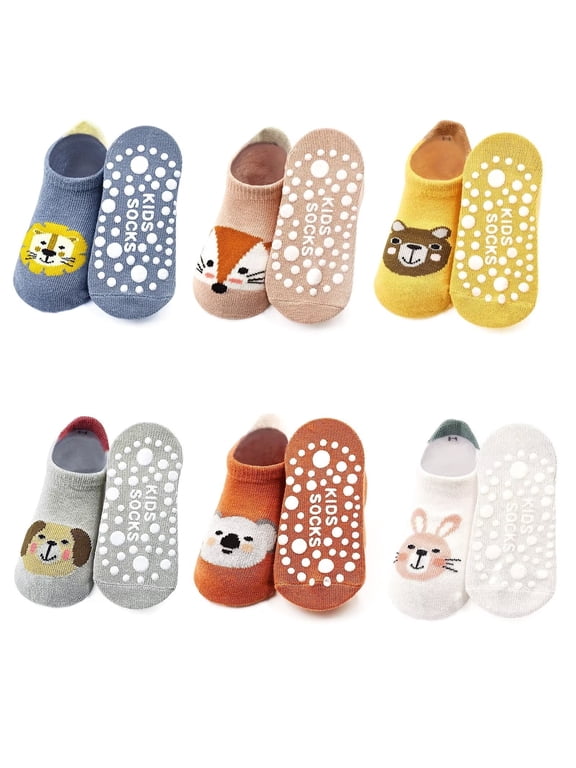 Toddler Non Slip Socks Baby Grip Socks 6 Pairs Toddler Ankle Socks with Grip Cute Animal Cartoon Anti Skid Socks for 0-5 Years Baby Boys Girls