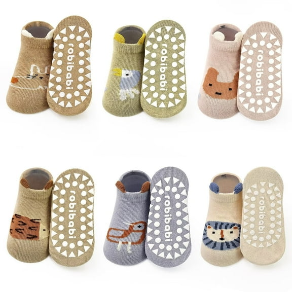 Toddler Non Slip Socks Baby Grip Socks 6 Pairs Toddler Ankle Socks with Grip Cute Animal Cartoon Anti Skid Socks for 0-5 Years Baby Boys Girls