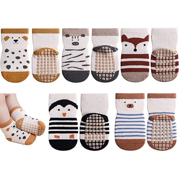 Toddler Non Slip Socks, Cute Baby Socks with Grips Crew Socks 5 Pairs