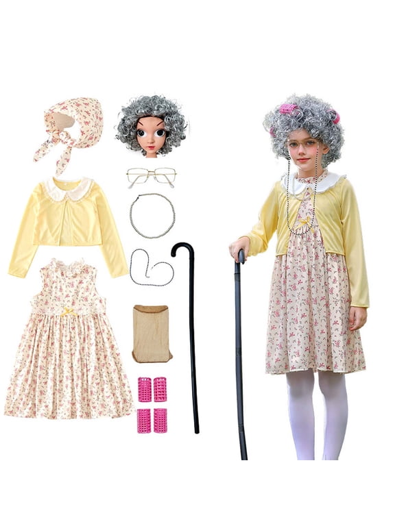 Toddler Old Lady Outfit for Girls Kids 100 Days of School Outfit for Girls Grandma Outfit for Girls 10PCS Set Dress Up Outfit for Girls