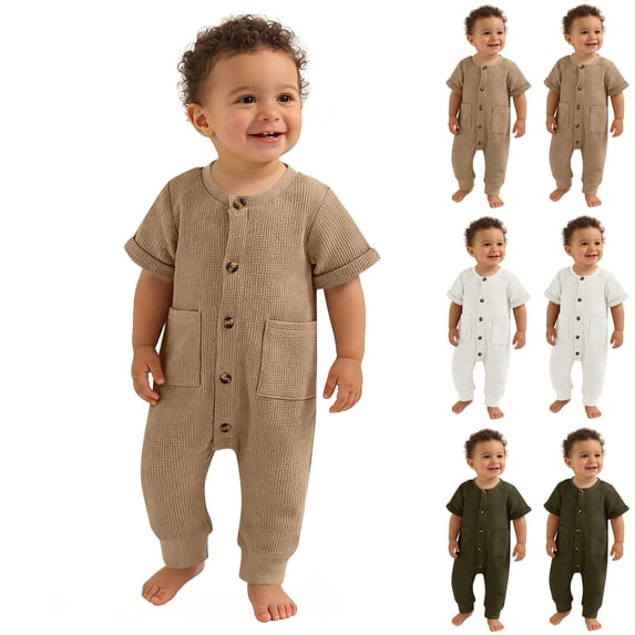 Toddler One Piece Jumpsuit Short Sleeve Button Down Pockets Onesies Waffle Comfy Soft Newborn Outfits (12-18 Months, Khaki)