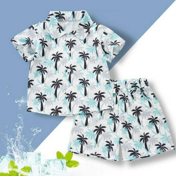 Toddler Outfits for Boys Hawaiian Style Toddler Kids Boys Tropical Print Shirt and Elastic Waist Shorts Set for Beach Vacation Baby Boy Outfits Light Blue 12 Months-18 Months