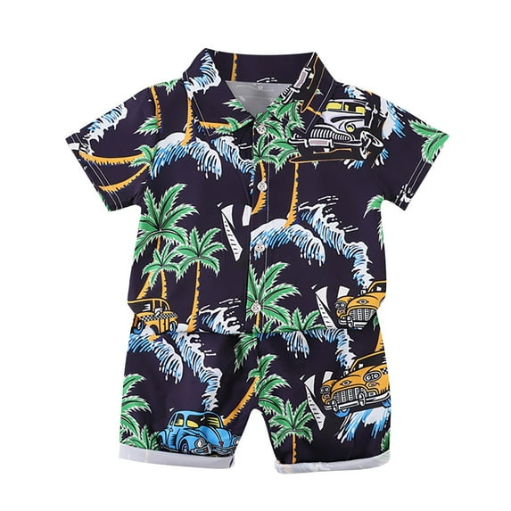 Toddler Outfits Boys Tropical Print Outfits Short Sleeve Button Down Shirt Swim Shorts Summer Set Boy Baby Clothes Navy 18 Months-24 Months