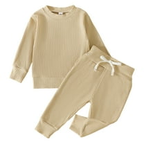 Toddler Outfits For Girls Boys Winter Long Sleeve Ribbed Solid Color Tops Pants 2Pcs Clothes Set Baby Outfit Sets Beige 18 Months-24 Months
