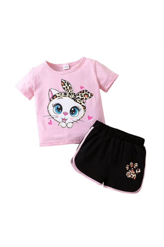 Toddler Outfits For Girls Leopard Cat Paw Print Adorable Big Eyed Cat Print Ribbed Shorts 2 Piece Set Clothes For Kids Red 18 M-24 M