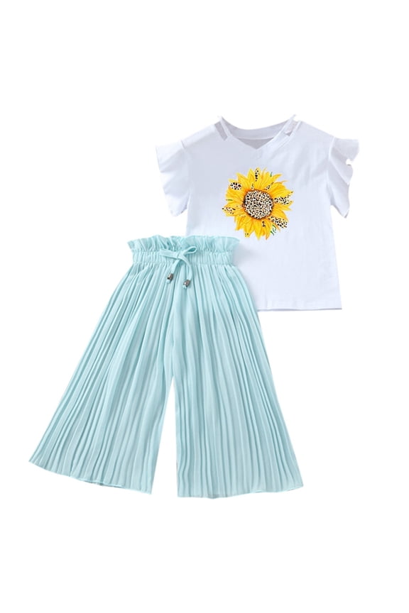 Toddler Outfits For Girls Sunflower T Shirt Tops Chiffon Ruched Loose Pants Set Girls Clothing Summer 2PC Outfits Green,4-5 Years