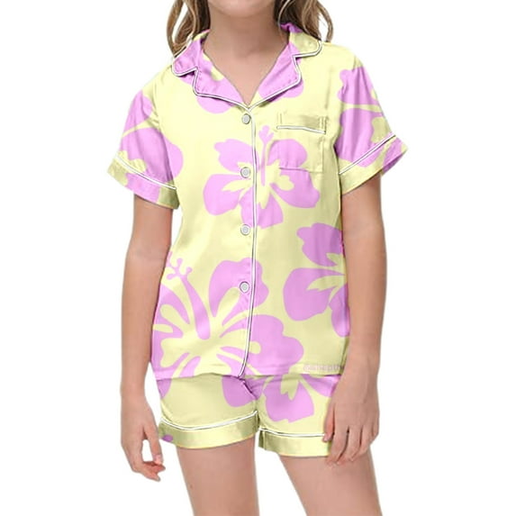 Toddler Outfits Girls 2 Piece Girls Flower Printed Pajamas Set Silk Lapel Button Down Short Sets Little Girls Clothes Pink 2 Years-3 Years