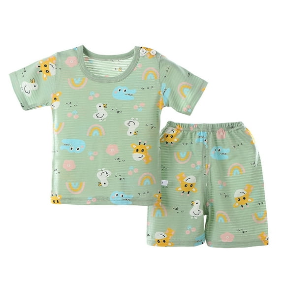 Toddler Outfits Girls Bbay Pajamas Cartoon Full Print Short Sleeved T Shirt Shorts Pjs Set Toddler Clothes Girls Green 7 Years-8 Years