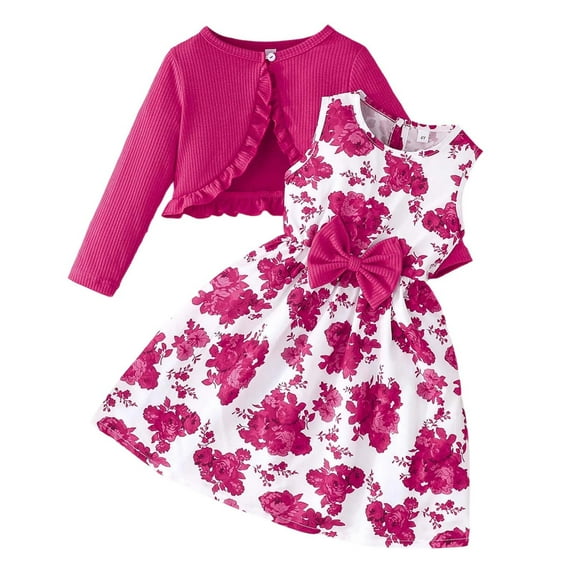 Toddler Outfits for Girls Sets 2 Piece Dresses With Jacket Casual Spring Fashionable Sleeveless Dress Cardigan Combo Fall Girls Clothes Hot Pink Size 4-5T