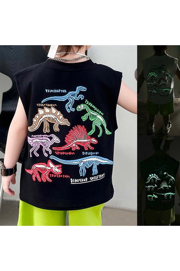 Toddler Outfits for Boys Glow In Dark Dino Print Crew Sleeveless Two Piece Kids Breathable Soft Summer Daily Play Outfit Set