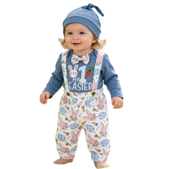 Toddler Outfits for Boys Kids Easter Bunny Print Crew Neck Long Sleeve Romper with Striped Pants and Hat Three Piece Outfit Blue 9 Months-12 Months