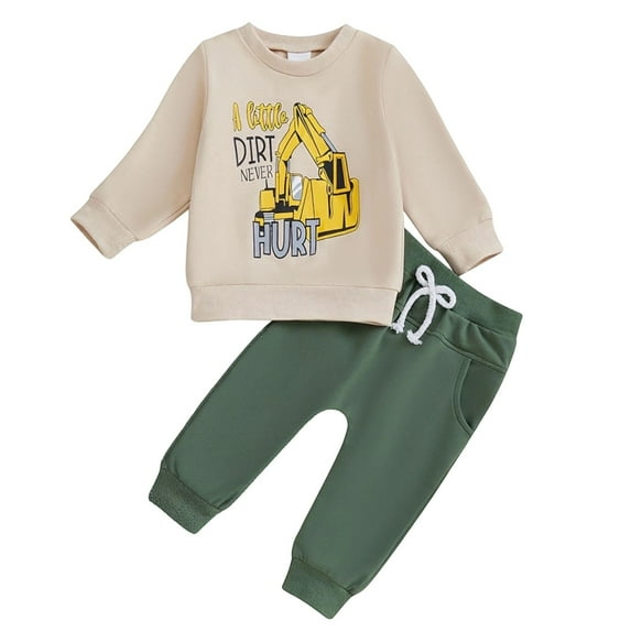 Toddler Outfits for Boys Long Sleeve Hoodie With Excavator Print Pants Two Piece Casual Wear Fall Clothing Sets Khaki Size 3-4T
