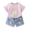 thumbnail image 1 of Toddler Outfits for Girls Cartoon Print Short Sleeve Crew Neck Ruffle T-Shirt Top And Shorts 2 Piece Everyday Wear Girls' Clothing Sets, 1 of 6