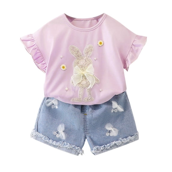 Toddler Outfits for Girls Cartoon Print Short Sleeve Crew Neck Ruffle T-Shirt Top And Shorts 2 Piece Everyday Wear Girls' Clothing Sets