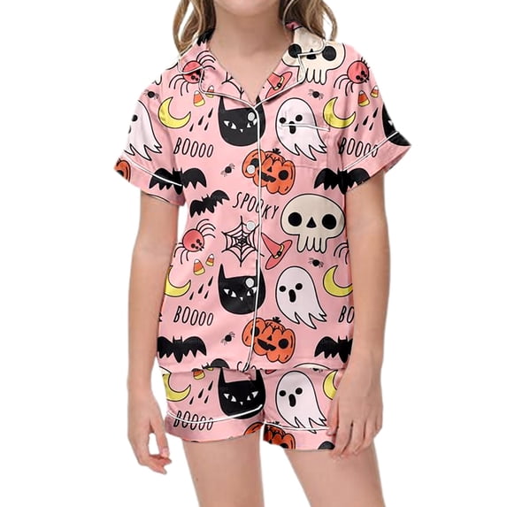 Toddler Outfits for Girls Halloween Graphic Print Lapel Short Sleeve Pocket Top And Shorts 2 Piece At Home Wear Girls' Clothing Sets 4 Years-5 Years