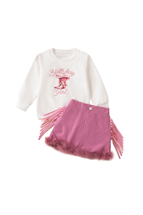 Toddler Outfits for Girls Kids All Over Print Crew Neck Long Sleeve Top with High Waist Above Knee Fringe Skirt Two Piece Set White 4 Years-5 Years