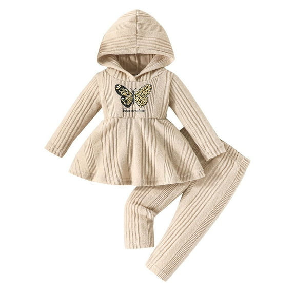 Toddler Outfits for Girls Sets Hooded Top With Bowknot Solid Color Pants Two Piece Casual Fall Girls Clothing Sets Khaki Size 2-3T