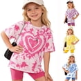 thumbnail image 1 of Toddler Outfits for Girls Size 13-14Y Tie Dye Heart Print Short Sleeve Crewneck Top and Solid Shorts 2 Piece Girl Clothes, 1 of 3