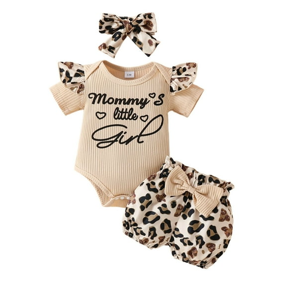 Toddler Outfits for Girls Valentine's Day Heart Letter Print Short Sleeve Ribbed Romper with Leopard Shorts Headband Set Khaki 12 Months-18 Months