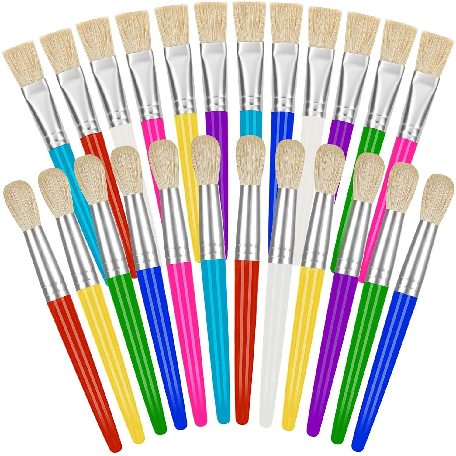 Toddler Paint Brushes 24 Pack, Hog Bristle Round and Flat Preschool Paint Brushes for Washable Paint Acrylic Paint, Size: Large
