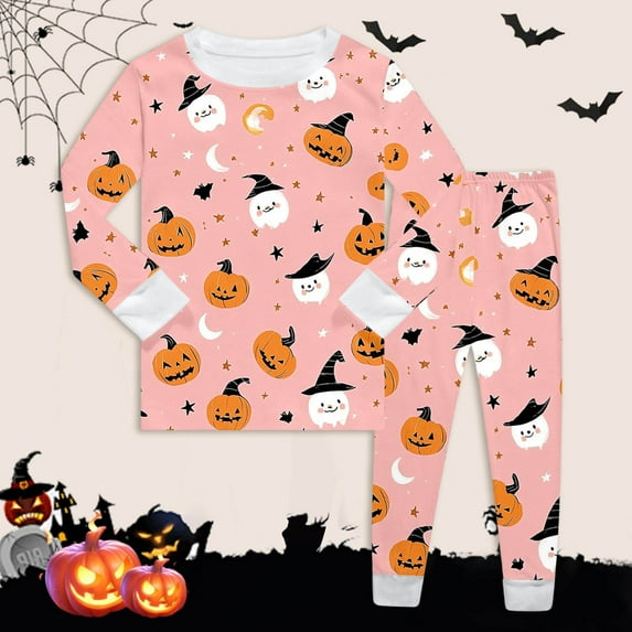 Toddler Pajamas 2 Piece Kids Halloween Cartoon Print Long Sleeve Casual Warm Fall Winter Slim Warm Comfy Light Pink Boy Outfits