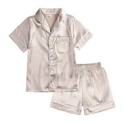 Toddler Pajamas Satin Silk Short Sleeve Button Down Classic Loungewear Shirt Shorts Two Pieces Set Girls' Sleepwear Khaki 120(4 Years-5 Years)