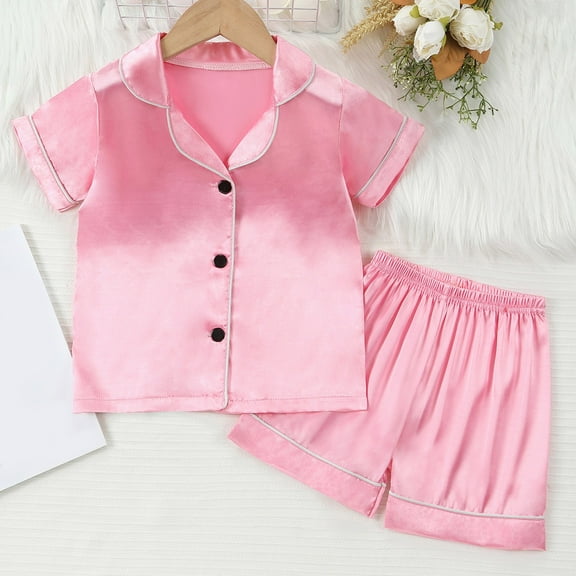 Girls Pajamas Sets 2 Pcs Solid Short Sleeve Button Down Sleep Shirt Top Pant Sleepwear Loungewear Set for Toddler 4-5 Years