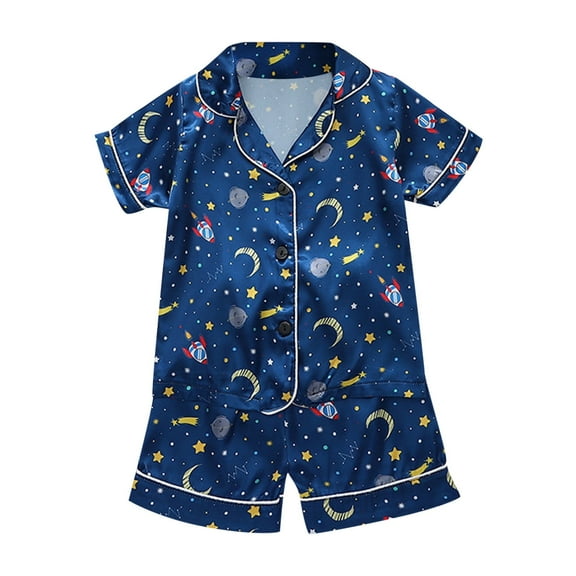 Toddler Pajamas Short Sleeve Floral Printed Button Down Classic Loungewear Shirt Shorts Two Pieces Set Boys' Sleepwear Dark Blue 100(2 Years-3 Years)