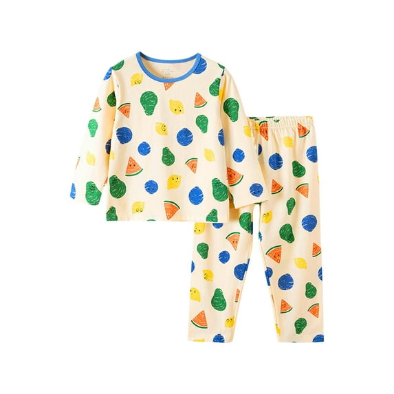 Toddler Pajamas Soft Cartoon Print Warm Long Sleeve Tops Pants Set Boys' Sleepwear Beige