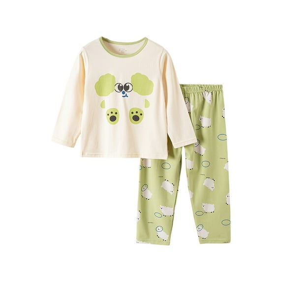 Toddler Pajamas Soft Cartoon Print Warm Long Sleeve Tops Pants Set Boys' Sleepwear Green