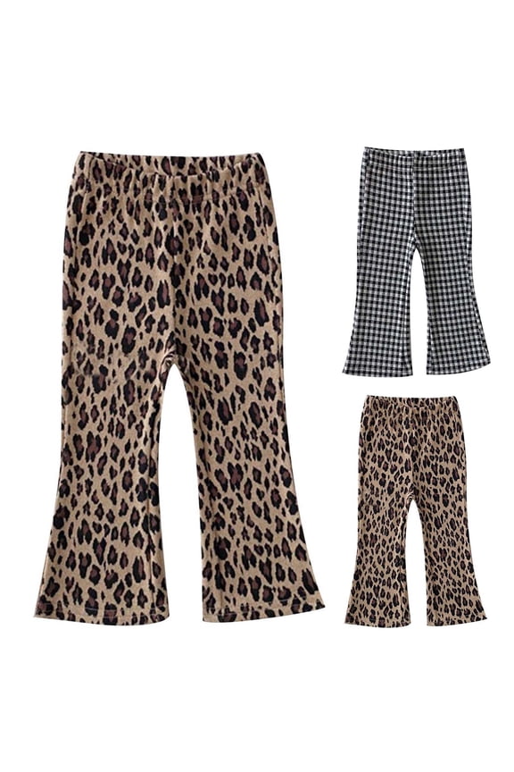 Toddler Pants Kids Leopard Print Knitted Flared Trousers Breathable Casual Trendy Fit Girls 2-3Y
