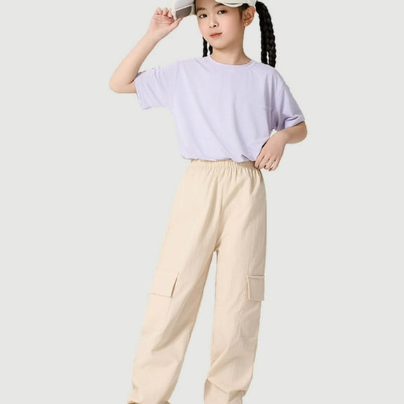 Toddler Pants Kids Toddler Girls Summer Solid Cargo Pants Breathable Thin Elastic Waist Jogger Pants with Pockets Girls Sweatpants Beige 8 Years-9 Years