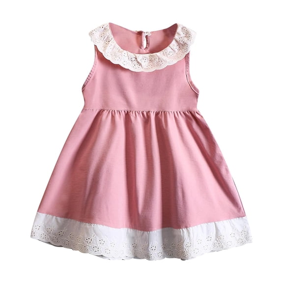 Toddler Party Dress Toddler Girl Short Sleeve Collar Dresses Casual Spring Summer Easter Lace Smocked A-Line Sleeveless Sundress New Pinks 1T