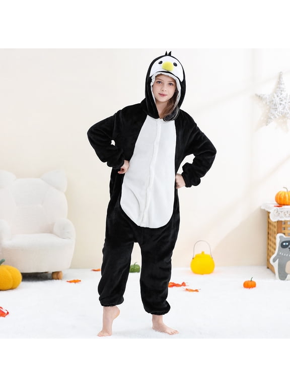 Toddler Penguin Costume Jumpsuit, Black White Flannel Hooded One Piece with Beak Hood and White Belly for Dress Up and Family Photos | TruHer,Black 12 Years