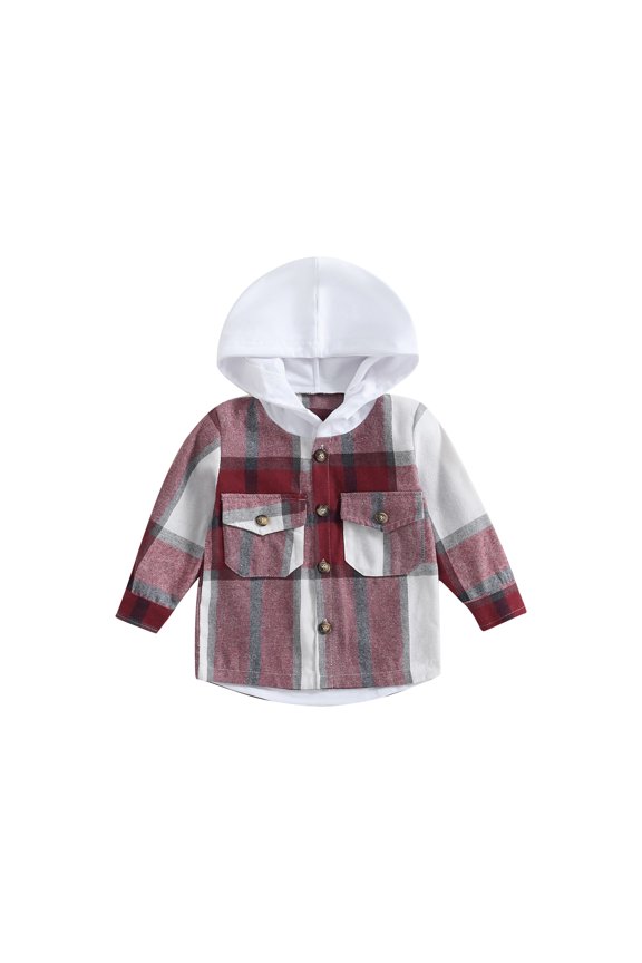Toddler Plaid Shacket Long Sleeve Button Down Hooded Shirt Jacket 1Y 2Y 3Y 4Y 5Y 6Y Little Boys Girls Fall Hoodie Coat Clothes